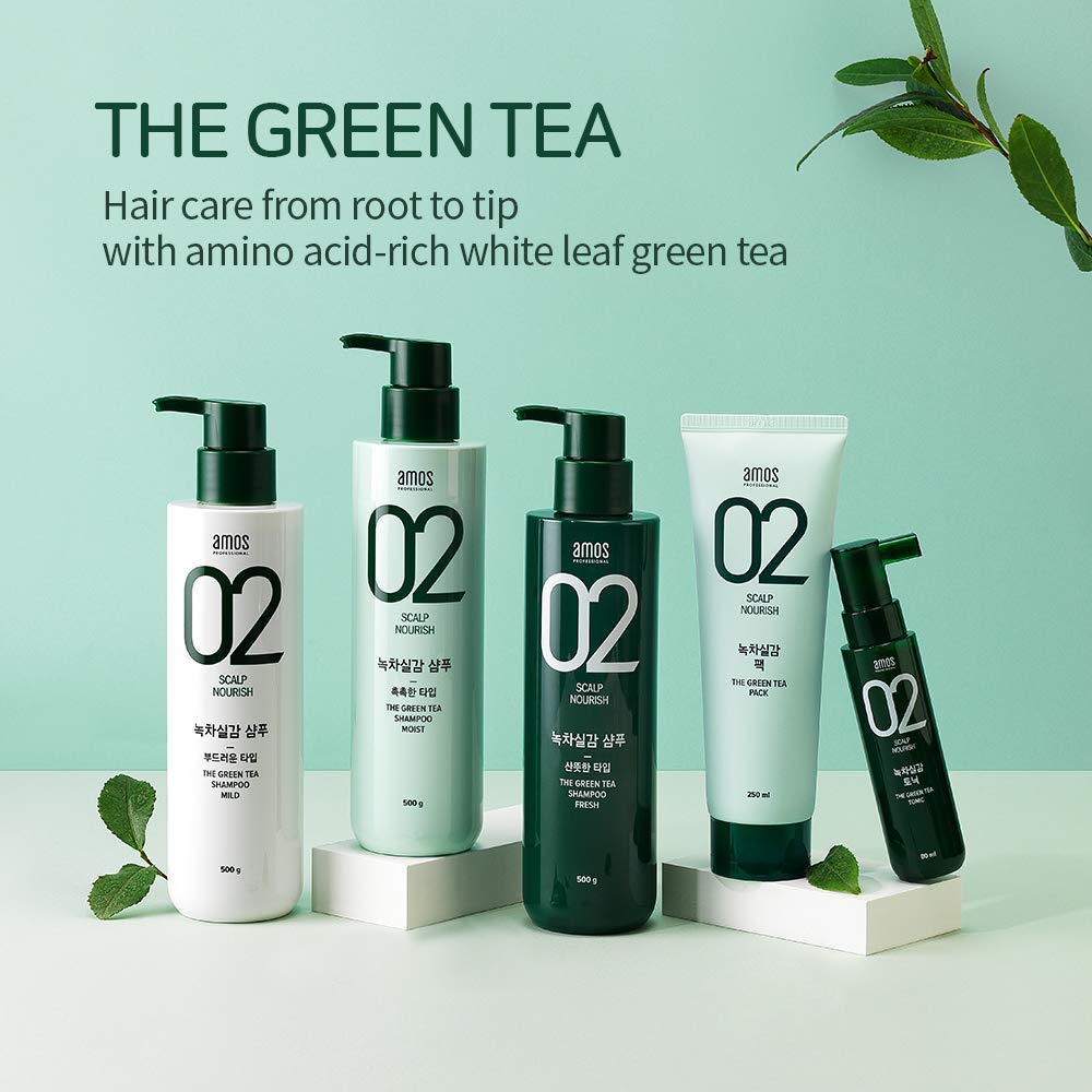 AMOS PROFESSIONAL The Green Tea Shampoo [Fresh - For Oily Scalp] 17.6oz (500g) | Anti-Thinning & Anti- Hair Loss Shampoo for Hair Growth and Cleanse Excess Sebum | Korean Hair Salon Brand