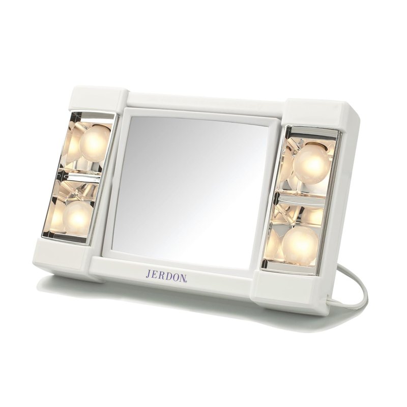 JERDON Two-Sided Makeup Mirror with Lights - 3X Magnification & Glare-Free Lighting | White Base, Model J1010