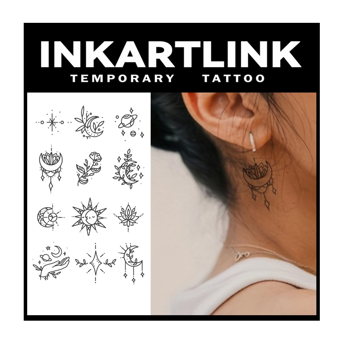 INKARTLINK Tattoo Tech, 2 Sheets Medium Semi Permanent Tattoo, Adult Art Design Temporary Tattoos, Lasts 1-2 Weeks, Waterproof, Realistic Look, No Adhesive, No Reflection (Flower and Planet)