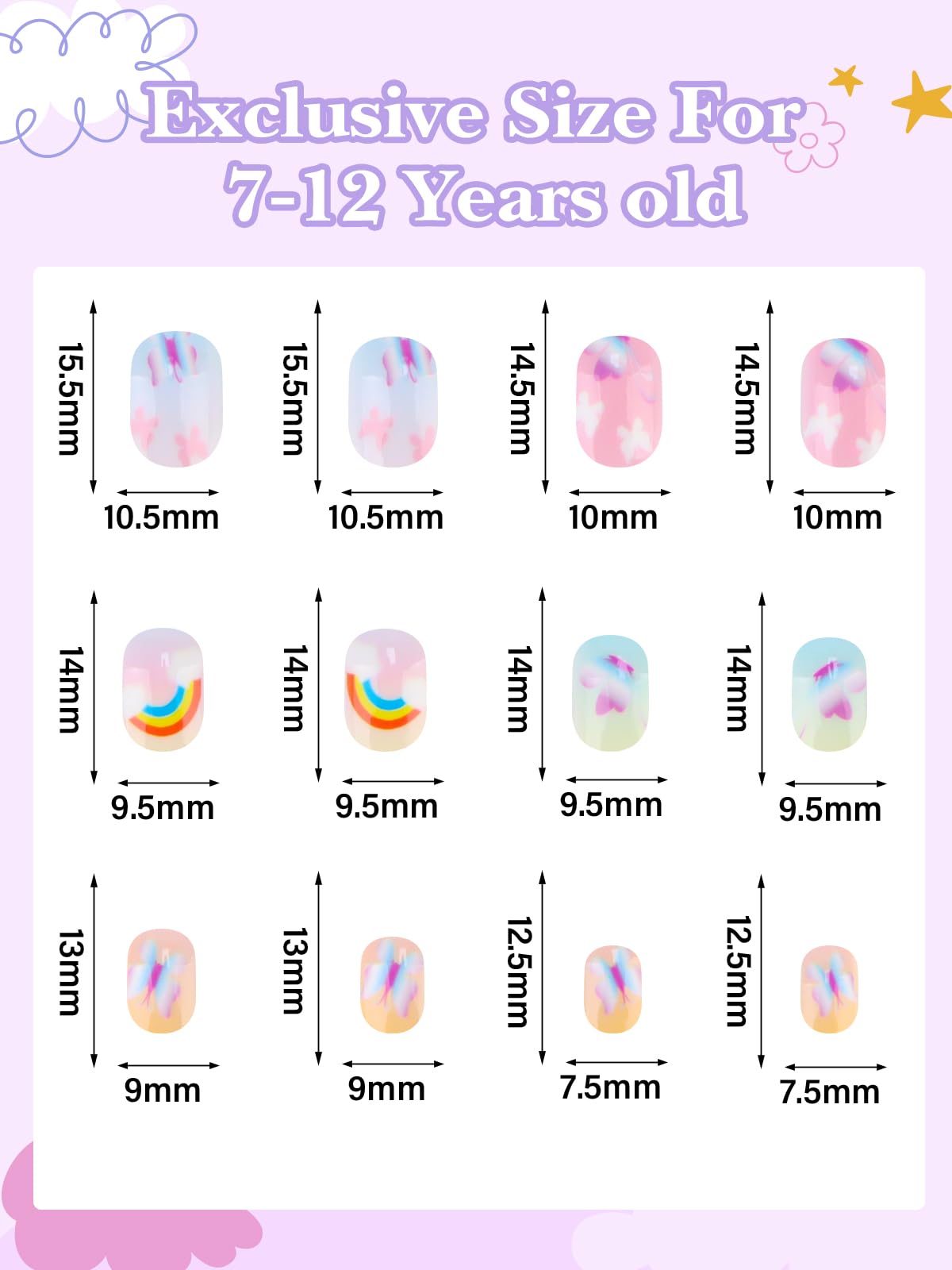 168 Pieces Press on Nails for Kids, EBANKU 7 Pack Kid Fake Nail Kit Candy Butterfly Press on Nails for Girls 6-12 Years with Nail Glue for Christmas Party