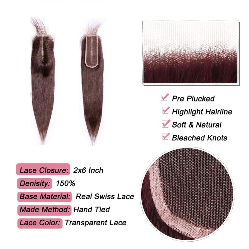 #4 Brown Human Hair Closure Transparent Lace 2x6 Brown Straight Wave Closure Pre Plucked Deep Part 100% Unprocessed Human Virgin Hair Wet And Wavy 14 Inch