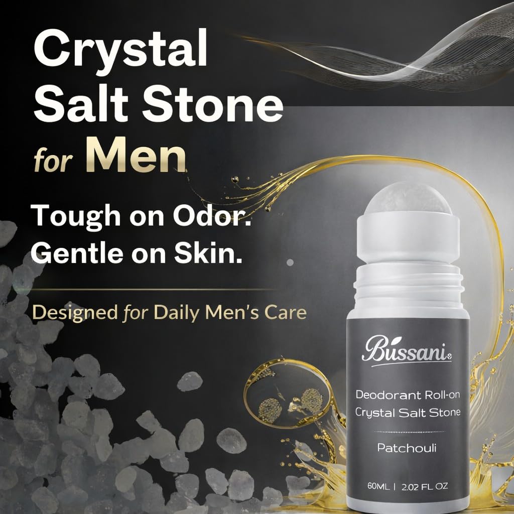 Bussani Crystal Salt Stone Deodorant for Men - Aluminum Free, Non-Irritating | 2.02 Fl Oz | Quick-Dry, No Stains | 3-Pack