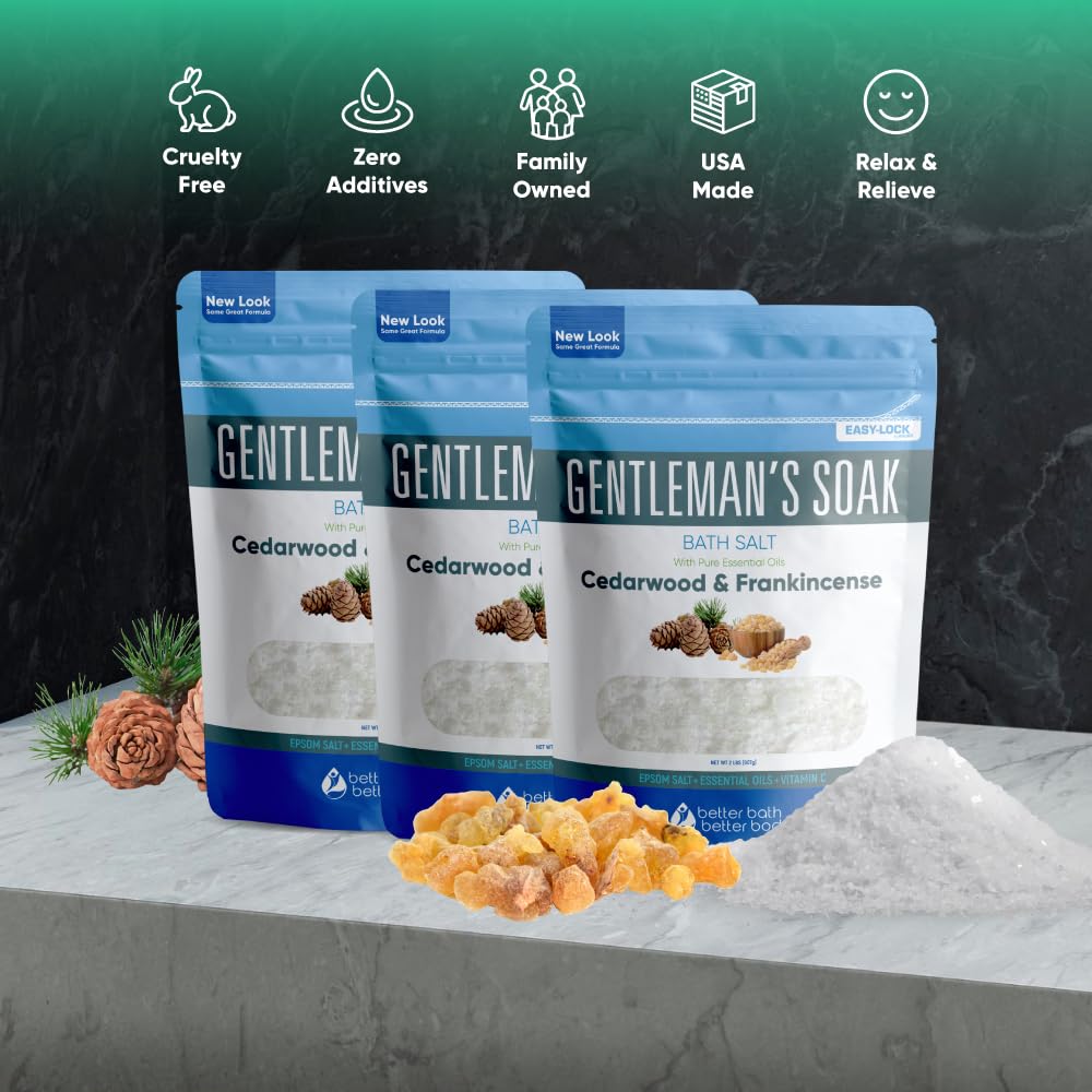 Gentleman's Bath Salt (3-Pack Plus Scoop) Bath for Men with Pure Essential Oils in BPA Free Pouch with Press-Lock Seal Made in USA 3-Pack of 2-lbs, 6-lbs Total