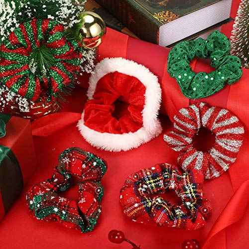 WILLBOND 25 Pcs Christmas Scrunchies for Women Red and Green Hair Accessories Bulk Holiday Plaid Velvet Soft Elastic Snowflake Ponytail Holder for Women Gifts(Novel Christmas Pattern)