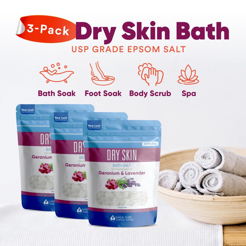 Dry Skin Bath Salt (3 Pack) Skin Soothing Epsom Salt with Pure Essential Oils in BPA Free Pouch with Press Lock Seal Made in USA Three 2 Lbs Pouches 6 Lbs Total