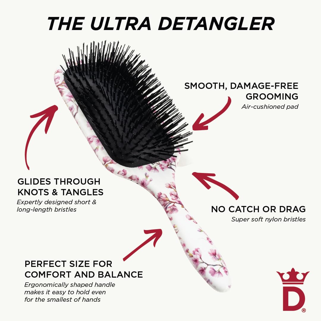 Denman Ultimate Detangling Hair Brush - Wet & Dry Detangler Brush for Long Hair, Wigs & Extensions - Ideal Hair Brushes for Women and Men, D90L Cherry Blossom
