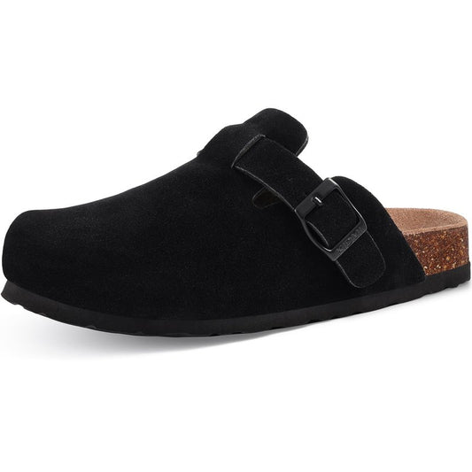KIDMI Unisex Vegan Suede Clogs Leather Mules Womens Mens Cork Footbed Potato Shoes with Arch Support, Vegan Suede Black, Size 37