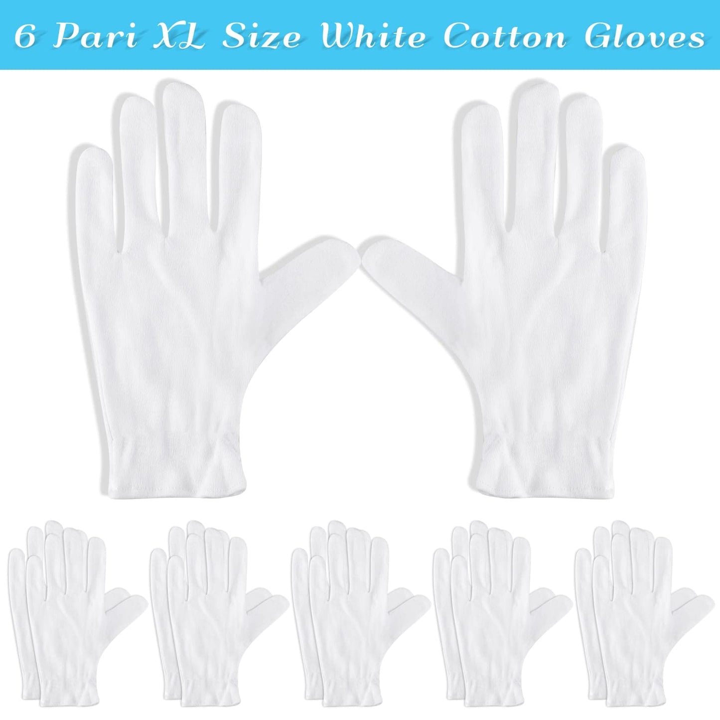 Paxcoo 6 Pairs XL White Cotton Gloves for Dry Hand Moisturizing Cosmetic Eczema Hand Spa and Jewelry Inspection (Pack of 2)