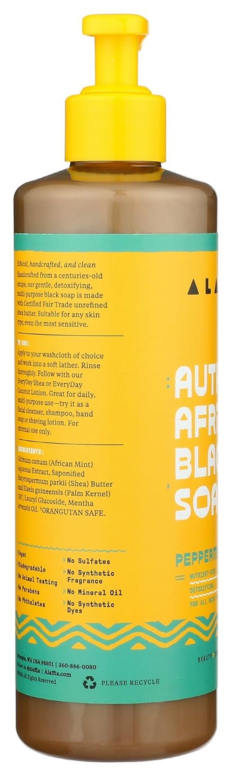 Alaffia Authentic African Black Soap - All-in-One Body Wash & Shampoo | Peppermint, 16 Oz, Fair Trade