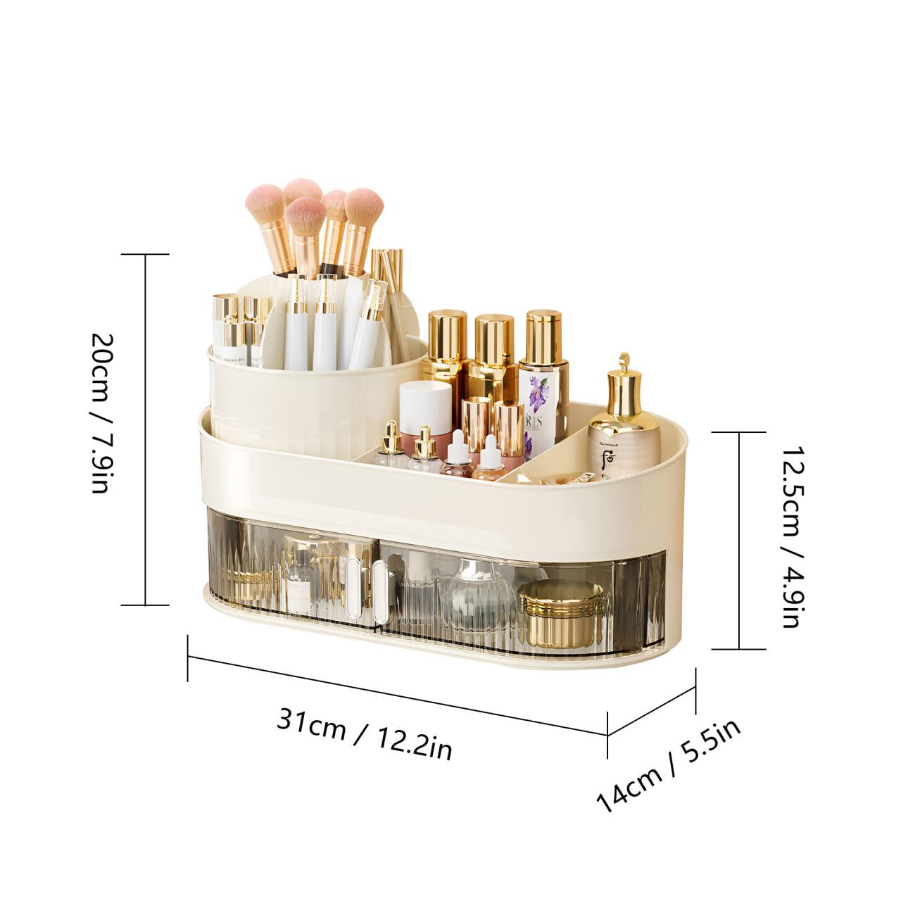 EachDusto Rotating Makeup Brush Holder organizer with Drawer White Makeup Organizers Countertop Large Makeup Organization Skincare Storage for Vanity Desktop Bathroom