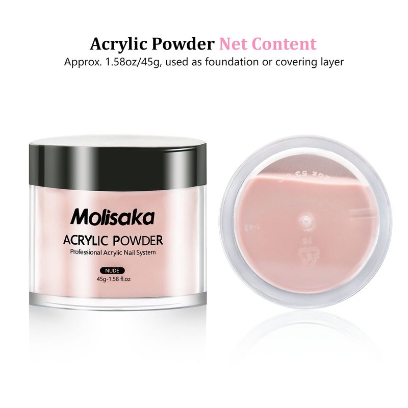Molisaka Nude Acrylic Powder - Professional Nail Powder, Lasting Powder for French Nail Art, Salon Supplies Set (1.58oz)