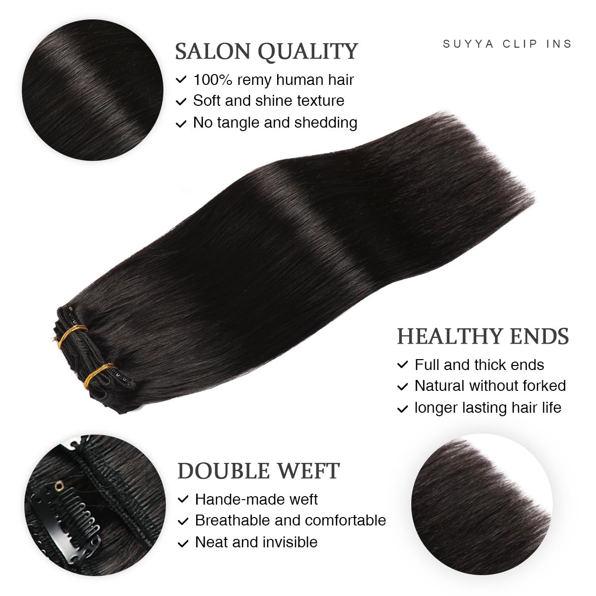 Real Human Hair Clip-In Extensions - 7 Pcs Straight Remy Hair - Double Weft 16 Inch #1B Off Black, 70G