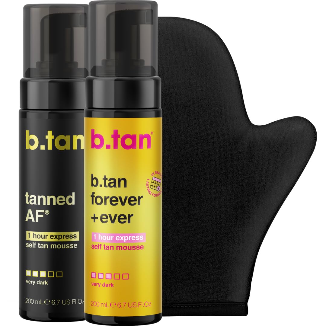 b.tan Dark & Ultra Long Lasting Self Tan Kit | Besties Bundle - Tanning Mousse Duo with Mitt Applicator Glove, 1 Hour Express, Fast Sunless Tanner, Face & Body, No Fake Tan Smell, 6.7 Fl Oz