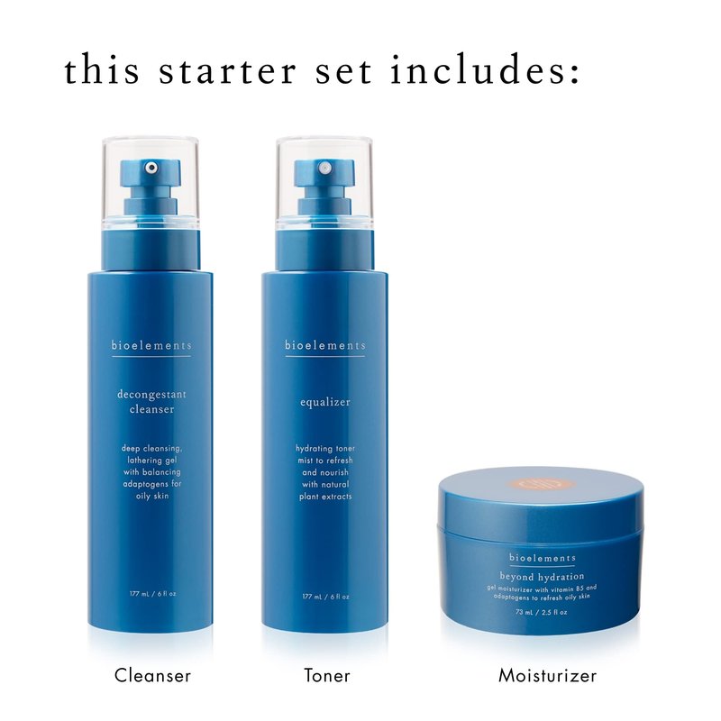 Bioelements 3-Step Mini Starter Set: Oily Skin - Includes Decongestant Cleanser, Equalizer Toner & Beyond Hydration Moisturizer - Vegan, Gluten Free - Never Tested on Animals