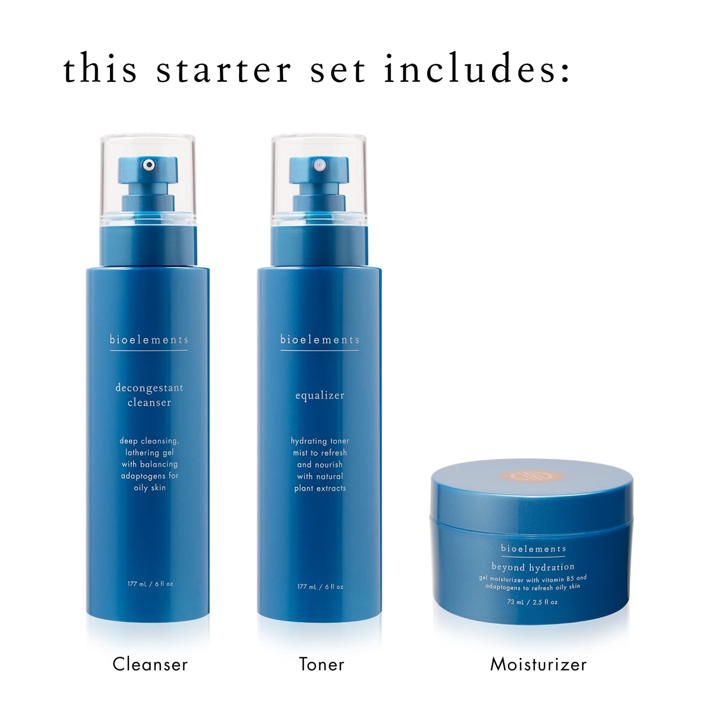 Bioelements 3-Step Mini Starter Set: Oily Skin - Includes Decongestant Cleanser, Equalizer Toner & Beyond Hydration Moisturizer - Vegan, Gluten Free - Never Tested on Animals