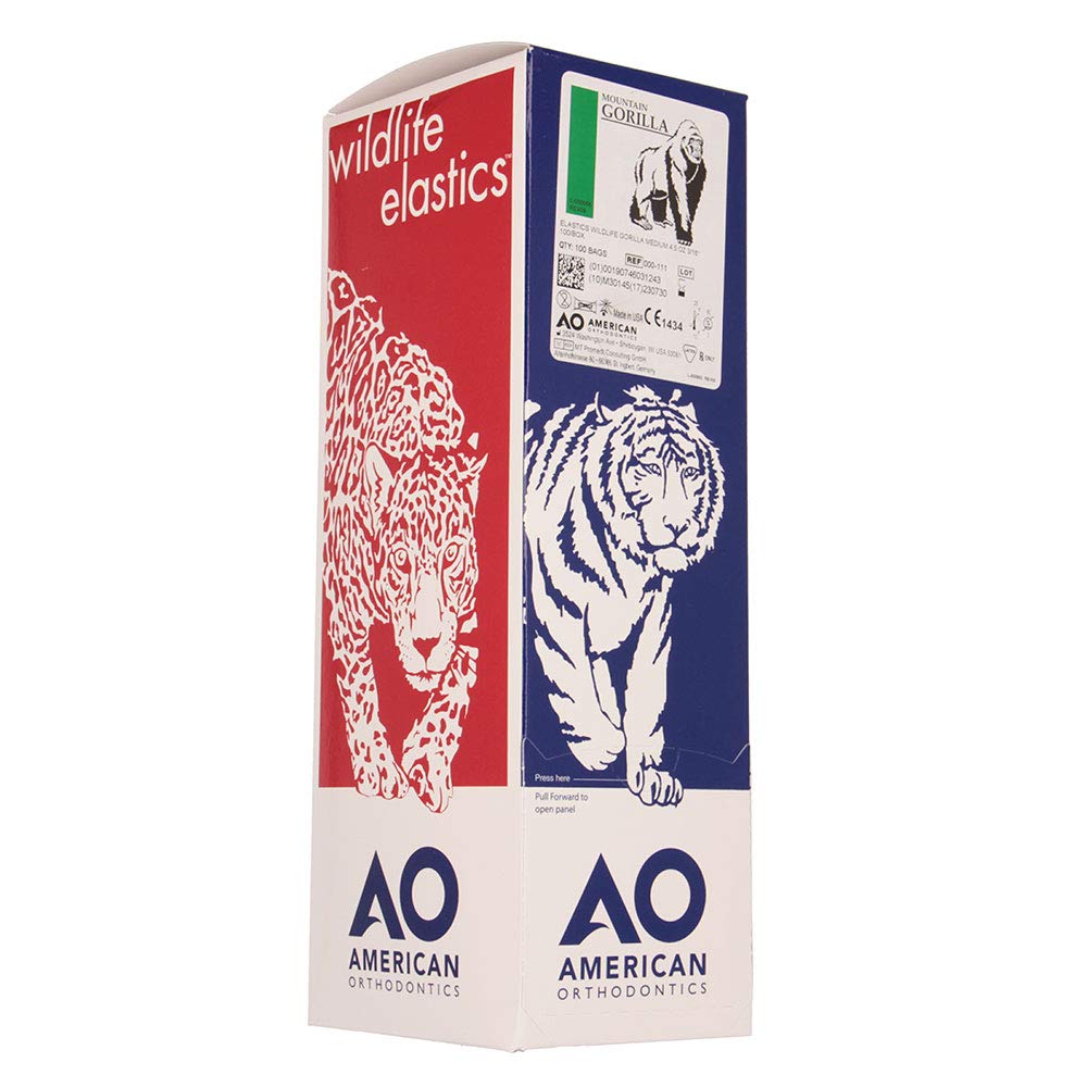 American Orthodontics Elastics Wildlife Gorilla | Medium, 4.5 Oz, 3/16" Size, 100 Packs Per Box, 10,000 Total | Made in The USA | Exacting Dimensions, Precision Cutting, Top Quality Latex Tubing