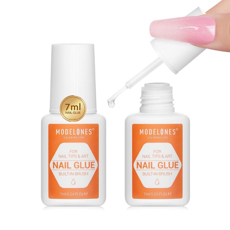 Modelones Nail Glue - Strong Brush-On Adhesive for Press-On Nails | 2pcs, 14ml, Long-Lasting Formula