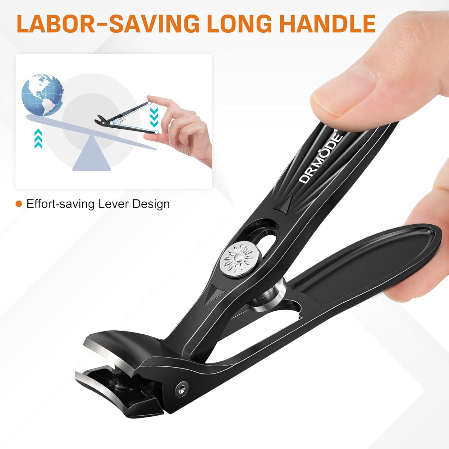 Nail Clippers for Thick Nails - Heavy Duty Angled Head Toenail & Fingernail Clipper with Catcher | Long Handle, Black