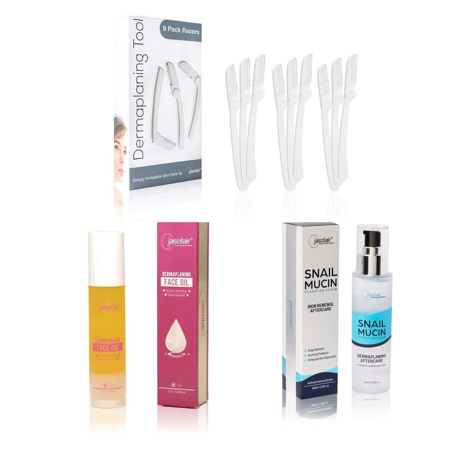 Complete Dermaplaning Skincare Kit - 9 Precision Razors, Pre-Treatment Face Oil & Snail Mucin Serum for Glowing Skin
