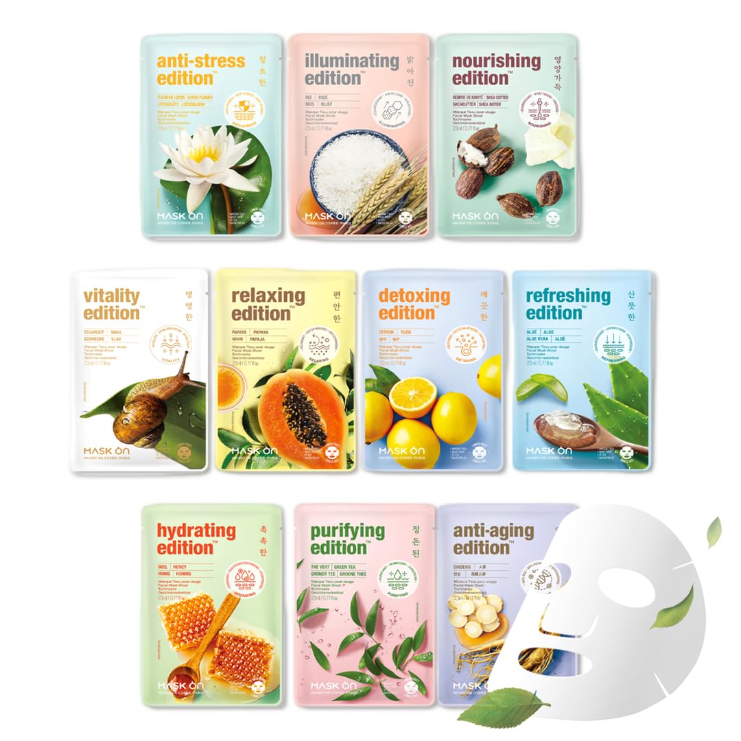 Korean Moisturizing Face Masks - Hydrating Anti-Aging Skincare | 20 Pack for All Skin Types with 10 Natural Ingredients