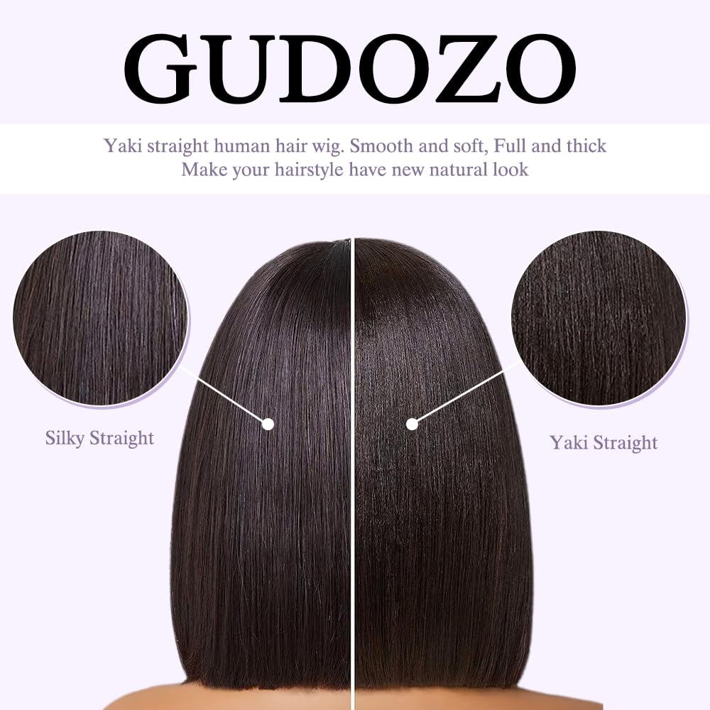 GUDOZO Bob Wig Human Hair Glueless Wigs Human Hair Pre Plucked Pre Cut Yaki Straight Human Hair Wig 180% Density 9x6 HD Lace Front Wigs for Black Women 14Inch