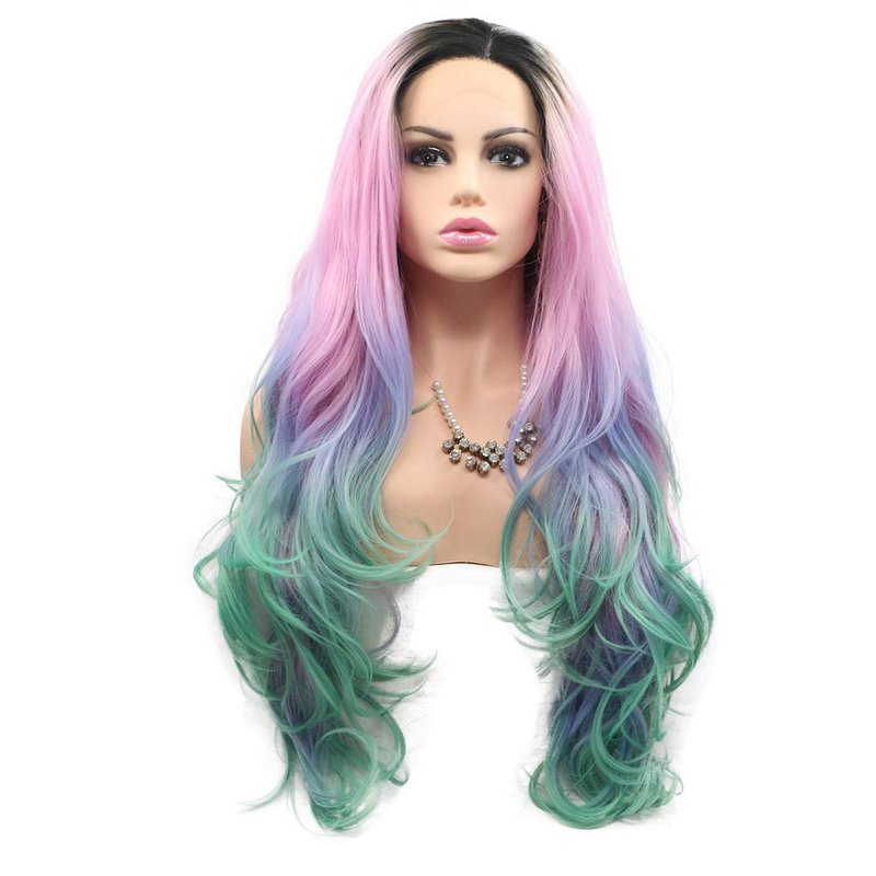 Sylvia Pink Purple Green Ombre Body Wave Synthetic Lace Front Wigs with Dark Roots 180% Density Multi color Half Hand Tied Heat Resistant Fiber Hair for Woman