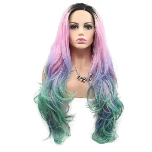 Sylvia Pink Purple Green Ombre Body Wave Synthetic Lace Front Wigs with Dark Roots 180% Density Multi color Half Hand Tied Heat Resistant Fiber Hair for Woman