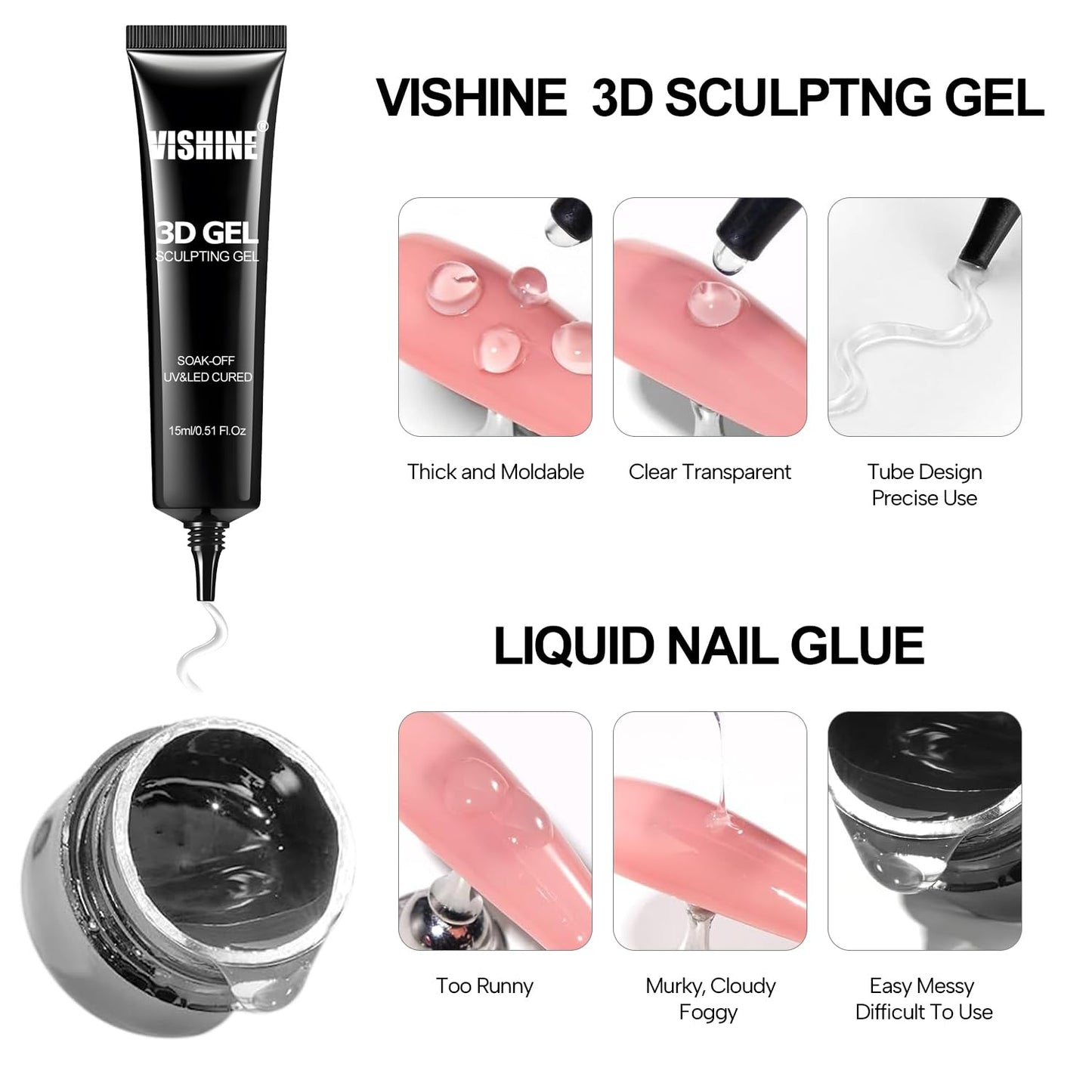 Vishine 2Pcs 3D Nail Gel Nail Art - Clear Sculpting Gel for nail Designs DIY Nail Art 3D Rhinestone, Drawing, Molding, Sculpture and Decoration Manicure Charms