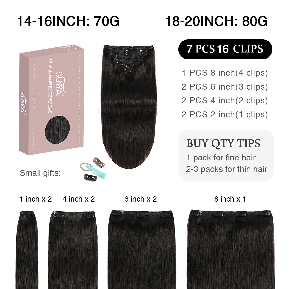 Real Human Hair Clip-In Extensions - 7 Pcs Straight Remy Hair - Double Weft 16 Inch #1B Off Black, 70G