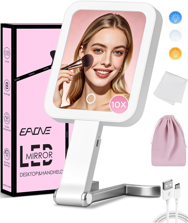 EAONE Magnifying Makeup Mirror with LED Light - Double-Sided 10X/1X, Dimmable Touch Screen, Travel-Friendly, Silver (10.3 x 5.2 in)