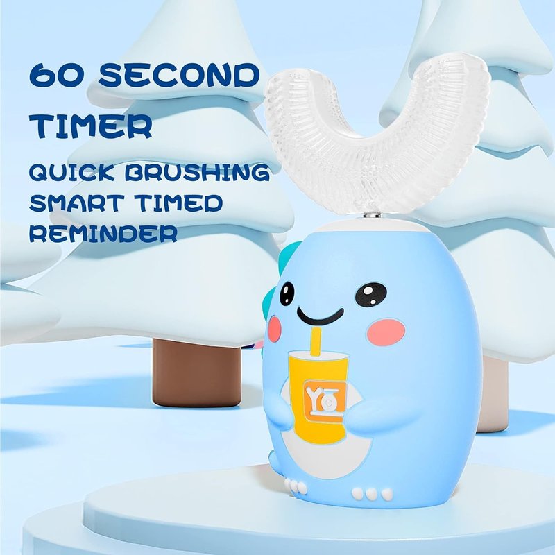 Kids U Shaped Electric Toothbrush - Sonic 360-Degree Cleaning, 5 Modes, IPX7 Waterproof | Cartoon Dinosaur Design (Ages 2-6, Blue)