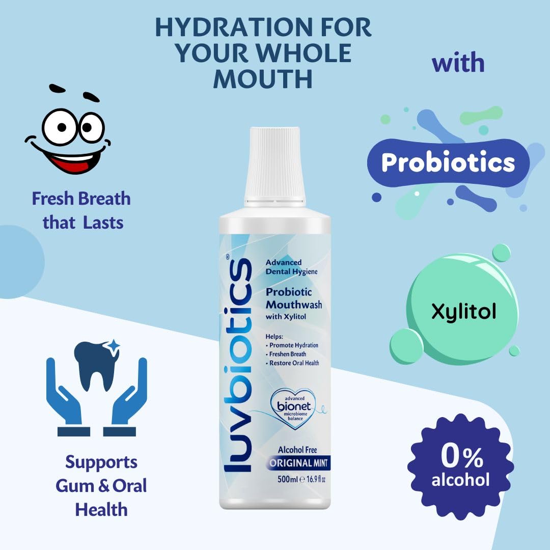 Luv Biotics Alcohol Free Mouthwash with Oral Probiotics, Xylitol for Fresh Breath, Gum Health & Oral Microbiome Support-3x500ml