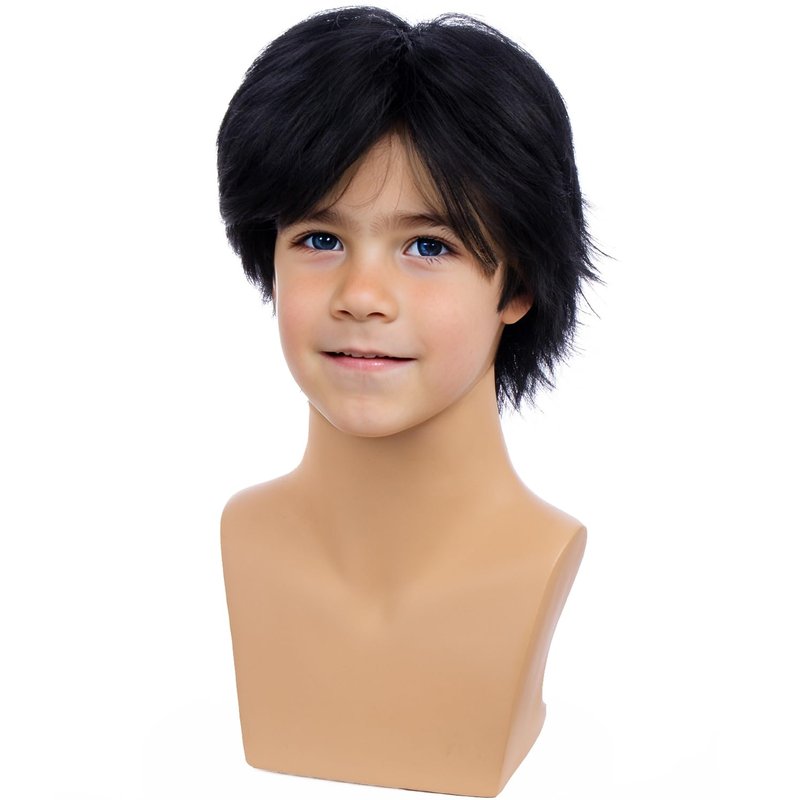 PATTNIUM Short Black Wig for Kids Boys Straight Black Wig Heat Resistant Synthetic Wig with Wig Cap