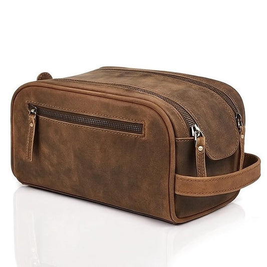 Hindoro Buffalo Leather Toiletry Bag | King-Size Vintage Travel Shaving & Ditty Kit | for Toiletries, Cosmetics & More | Spacious Interior & Waterproof Lining | Compact, Fits Easily in Luggage