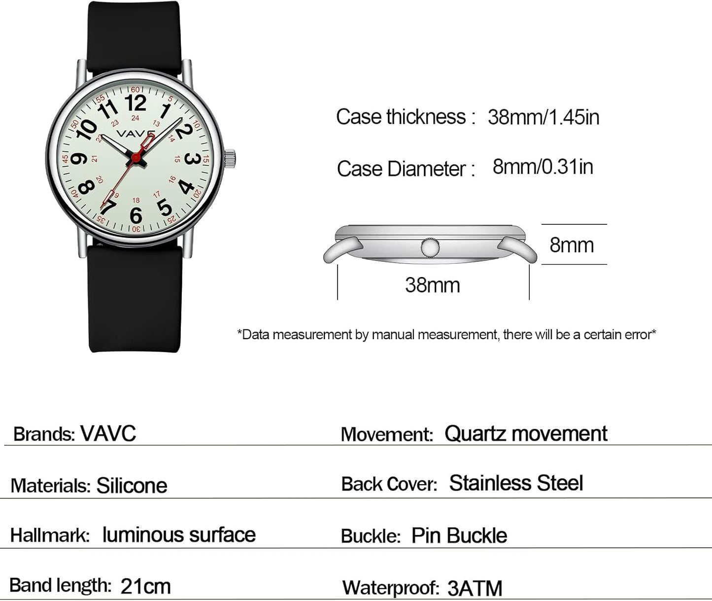 Waterproof Analog Nurse Watch for Nurses,Students,Medical Professionals,Women Men,with Luminouse Easy Read Dial,Military Time,Second Hand and 24 Hour,Comfortable Silicone Band.