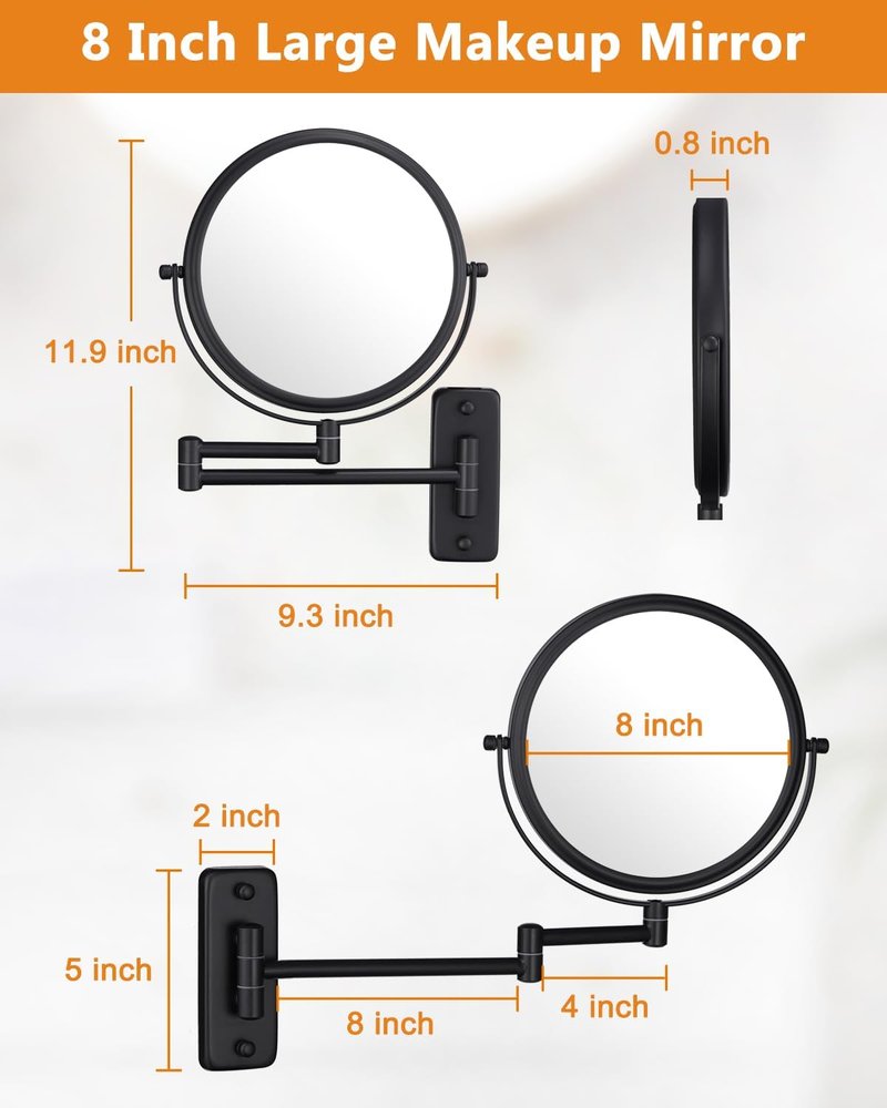 Wall Mounted Makeup Mirror - 8 Inch Double-Sided 1X/10X Magnification | 360° Swivel Extendable for Bathroom, Black