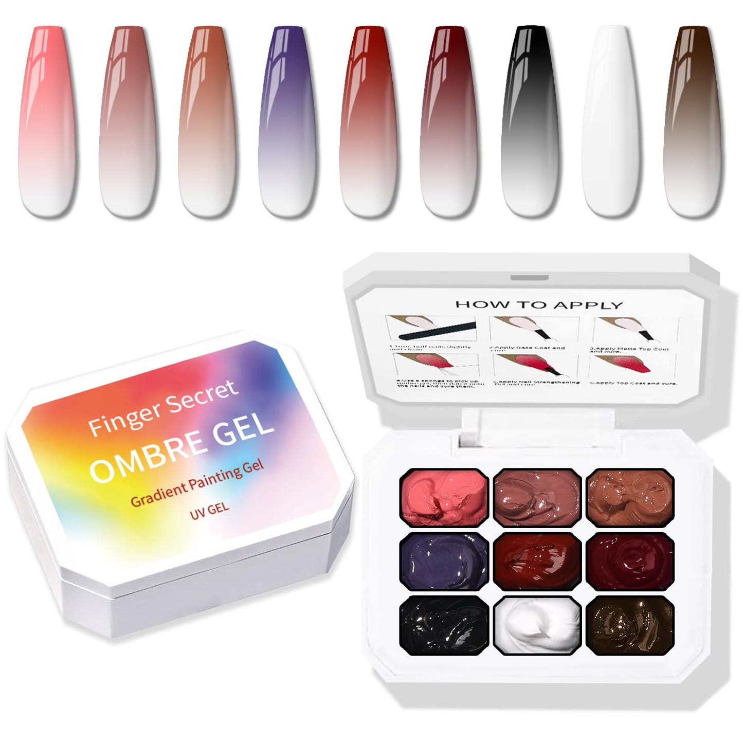Ombre Nail Gel Set - 9 Colors Sponge Pat Paint for Floral Nail Art, No Wipe, UV/LED Curing