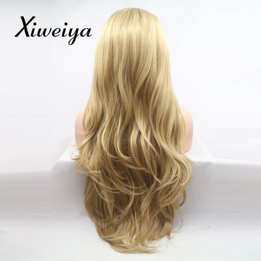 xiweiya Light Blonde Lace Front Wig with Brown Roots Long Body Wave Blonde Mixed color Side Part Glueless Natural Looking Lace Front Wigs Heat Resistant Hair for Women 24inch