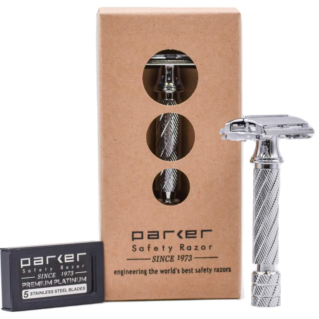 Parker 87R Compact Butterfly Safety Razor - Short Handle Brass Frame with Textured Grip for Precision Wet Shaving