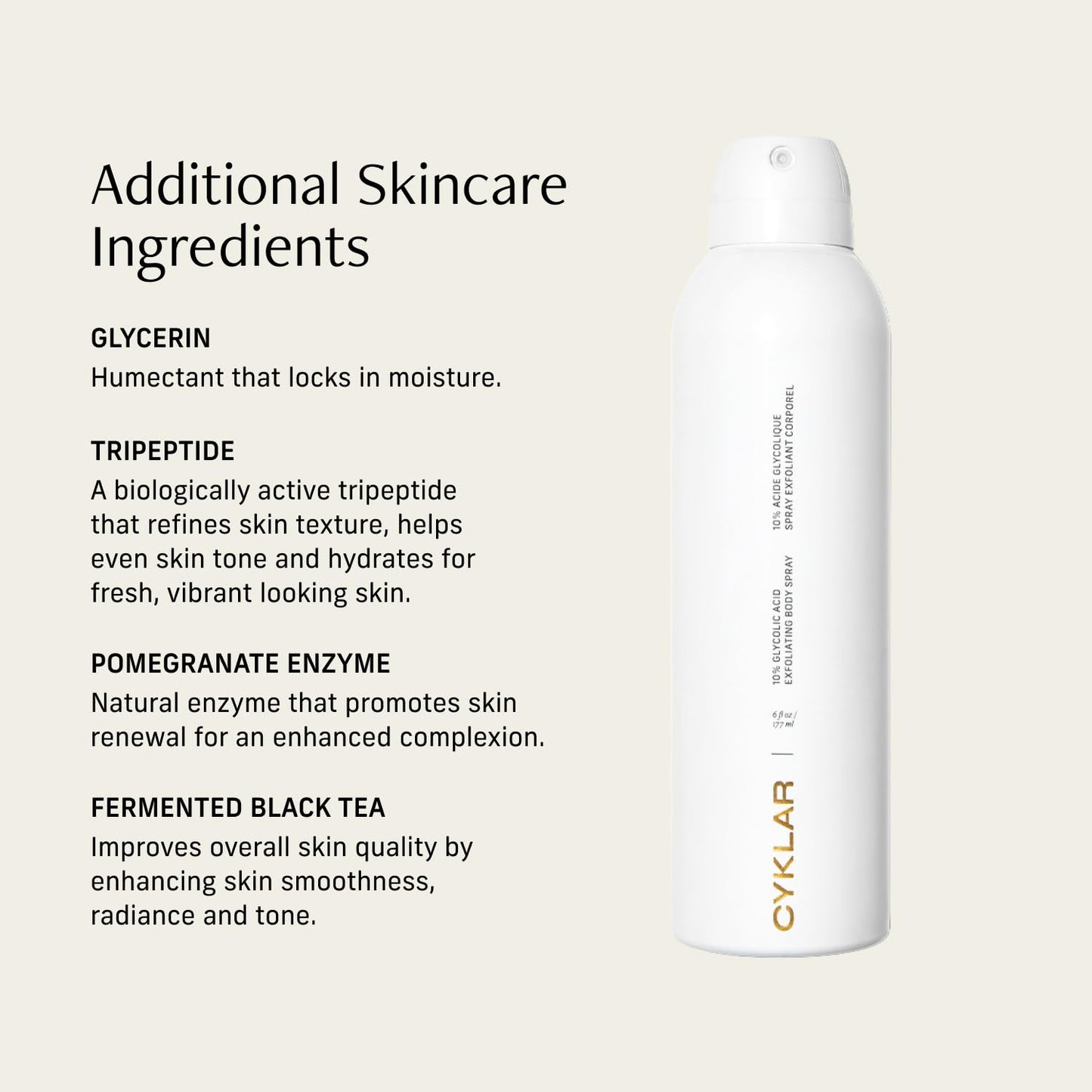 Cyklar Glycolic Acid Exfoliating Body Spray – 10% AHA Toner for Face & Body. Skin-Smoothing Spray with Peptides & Enzymes – Fragrance-Free, 6 fl oz