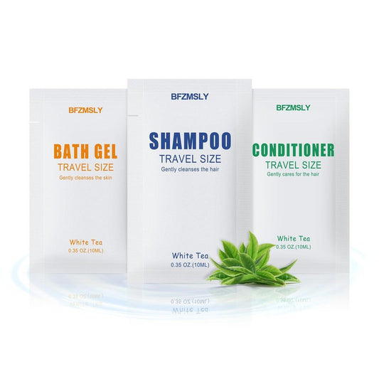 70 Set Travel Size Toiletries Set, Shampoo, Body Wash, Conditioner (0.35oz Each, 3-in-1 Toiletry Kits, White Tea Scent) – Bulk Hotel Amenities for Guests, Airbnb, Motels, Vacation Rentals