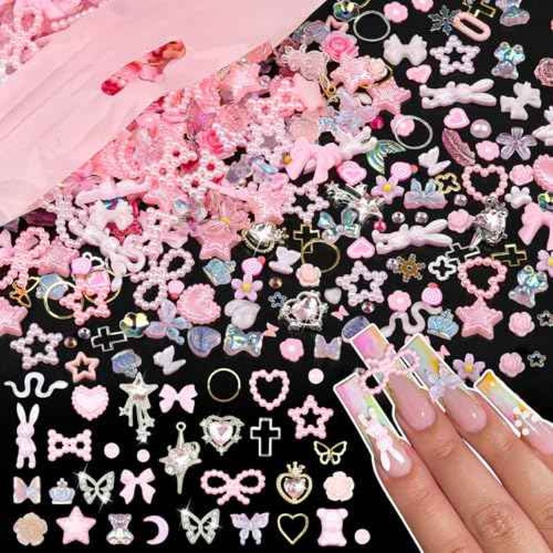 600Pcs Cute 3D Nail Charms and Gems, Pink Rabbit Bow Charms Alloy Butterfly Heart Star Nail Jewels with Nail Rhinestones, Mixed Gold Nail Studs Charms and Glitter Nail Sequins for Nail Design (Pink)