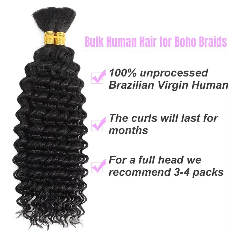 Human Braiding Hair for Boho Braids 18 Inch 120g Deep Wave Bulk Human Hair for Braiding 14A 100% Unprocessed Curly Bulk Bohemian Hair Extensions Natural Color No Weft