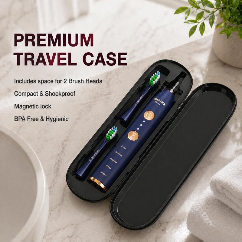 Wagner Stern WHITEN+ Electric Toothbrush, 48,000 VPM, Pressure Sensor, 5 Modes, 8 Brush Heads, Travel Case