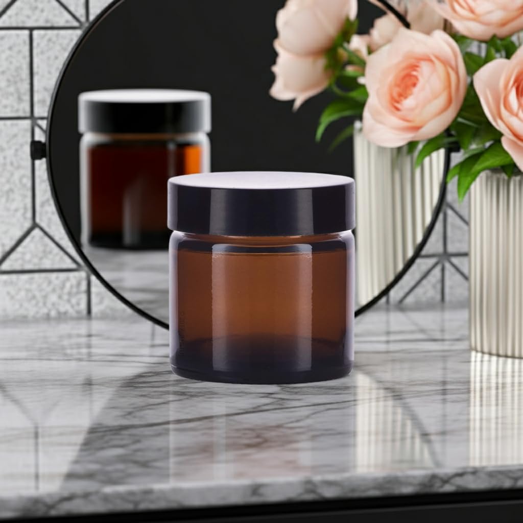(12 Pack) Amber Glass Jar with Black Lined Lids 1 oz / 30 ml