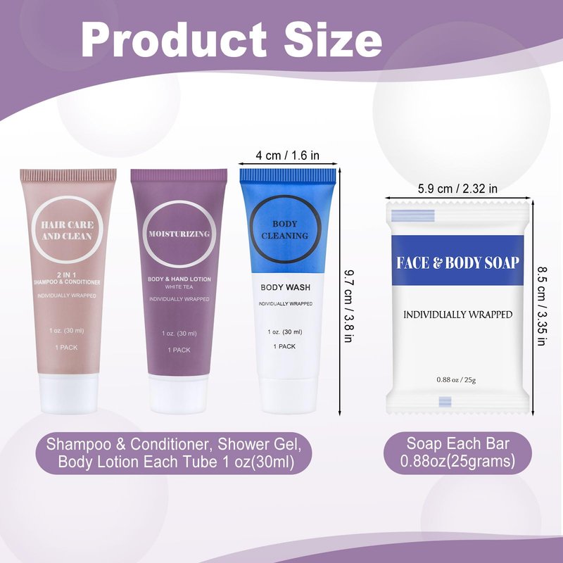 Travel Size Toiletries Set Bulk, Individually Wrapped 1 oz Mini Body Lotion Shampoo & Conditioner Body Wash 0.88 oz Bars Soap Toiletry Kit Guest Amenities for Hotel/Shelter/Homeless/Charity (120 Pack)