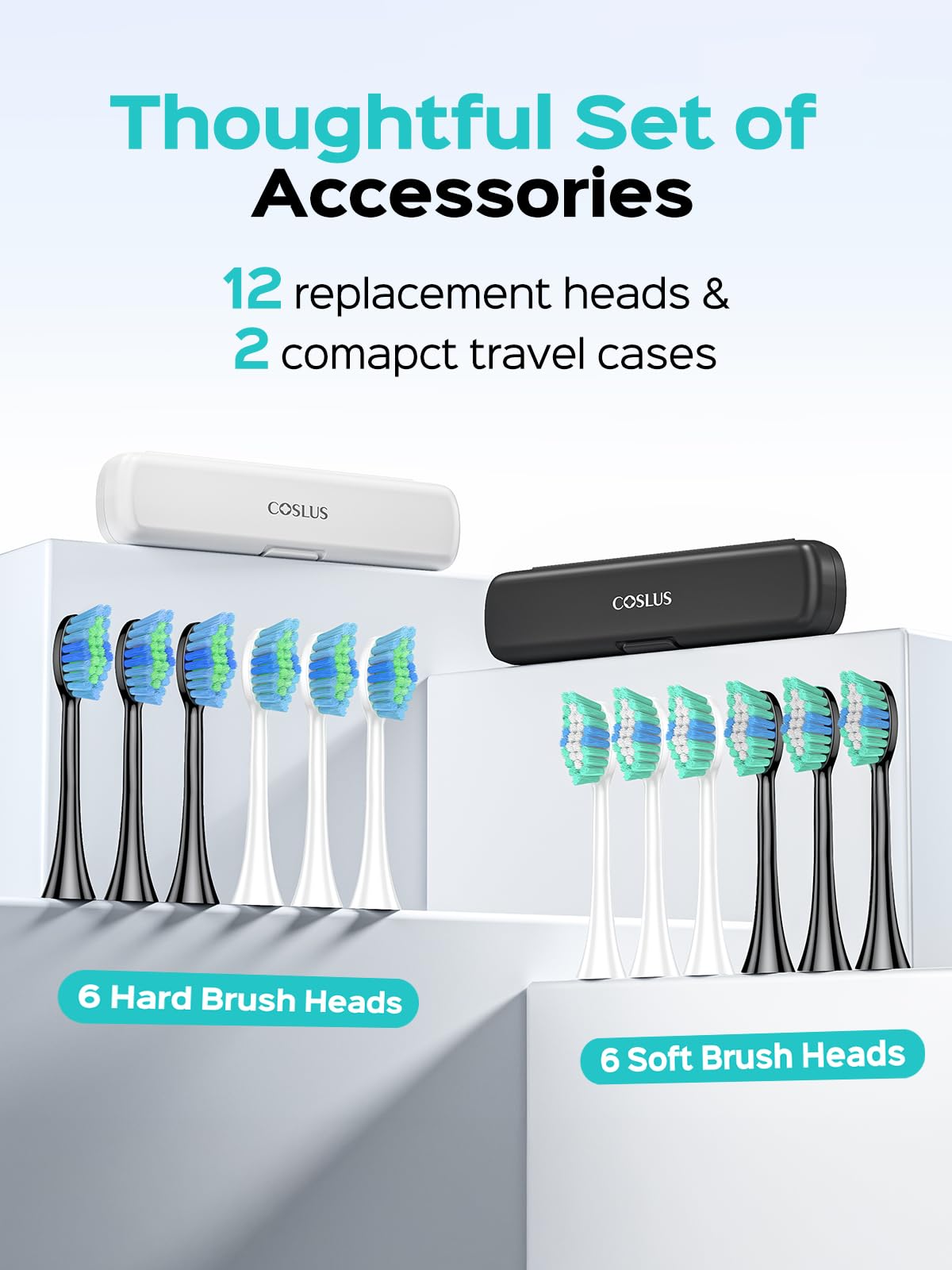 COSLUS C40 Sonic Electric Toothbrush for Adults: 47000 VPM for Deep Cleaning & Whitening with Travel Case - 5 Modes for Sensitive Teeth & Braces, Wireless Charging, 6 Brush Heads, Black & Pink (2PCS)