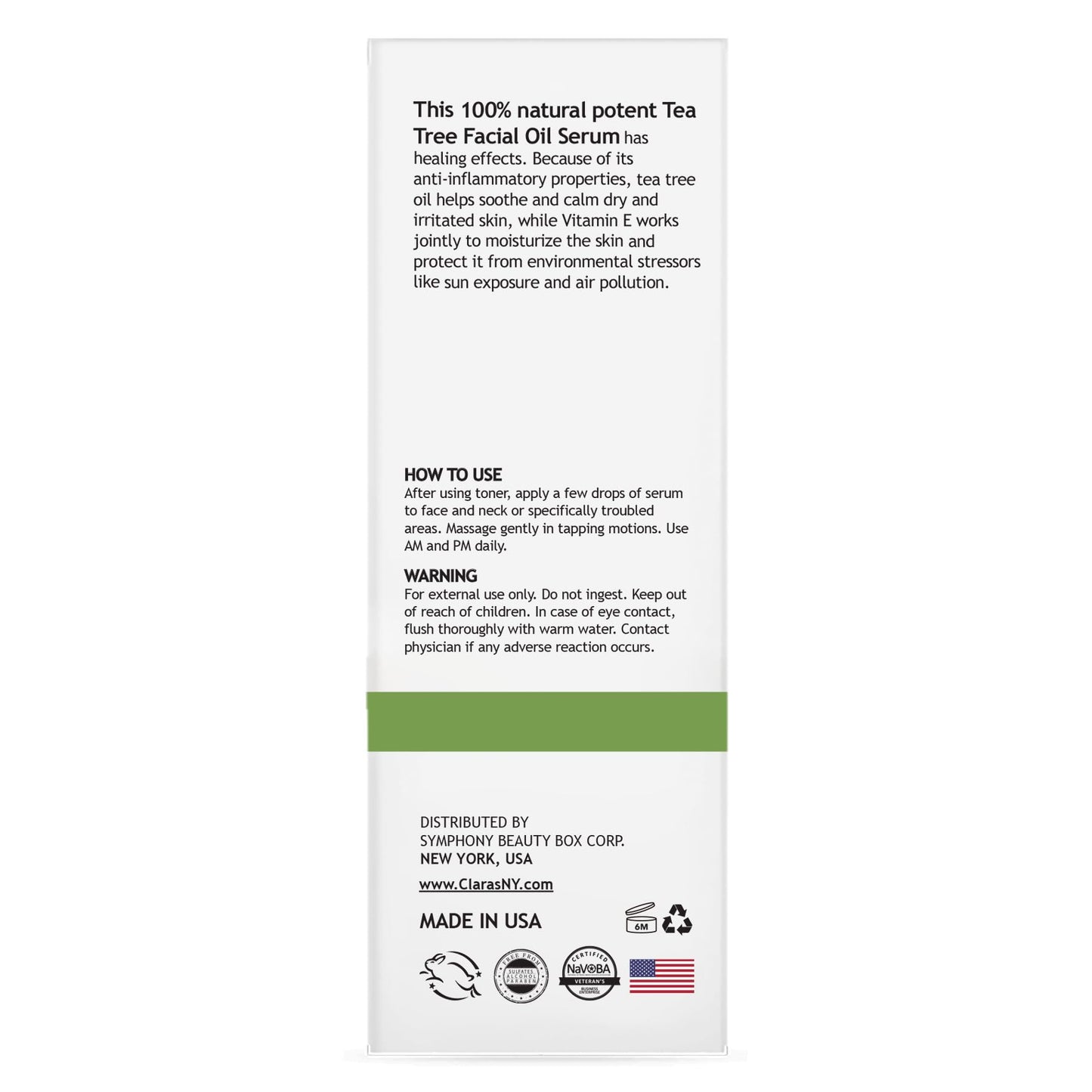 Clara's New York Tea Tree & Vitamin E Facial Oil Serum – Lightweight, Hydrating, Calming Skin for All Types – 30ml / 1 Fl Oz