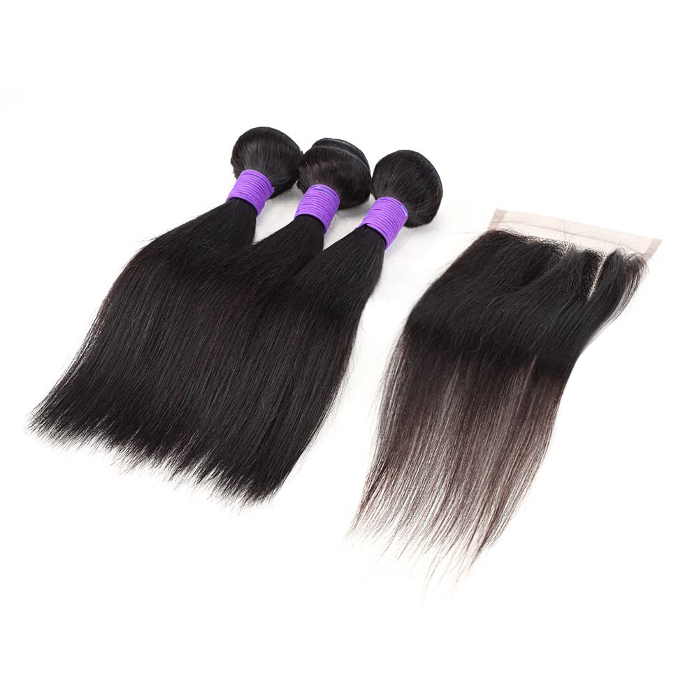 3 Bundles Human Hair with Closure Straight 100% Unprocessed Virgin Brazilian Hair Weave with 4x4 Lace Closure Free Part Double Weft 10A Hair Extensions Natural Black Color (8" 8" 8" + 8" Closure)