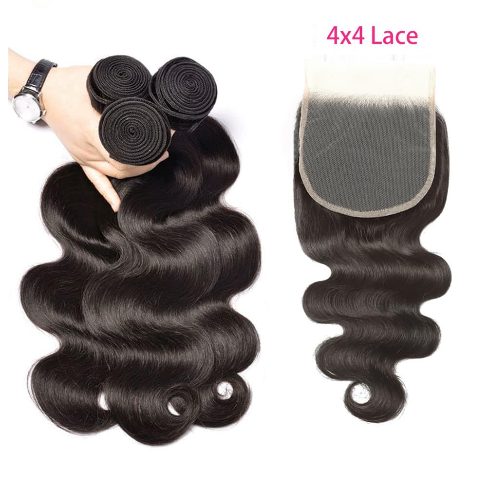Human Hair Bundles with Closure 10 12 14+8 Inch Body Wave Closure with Bundles 100% Brazilian Virgin 3 Bundles Human Hair Weave with 4x4 Free Part Lace Closures Natural Black